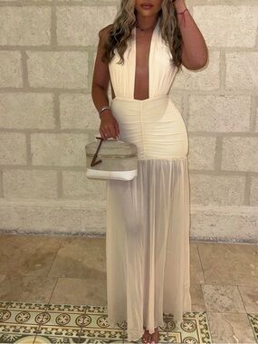 Plunging Cream Halter Maxi Dress